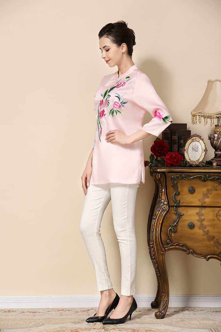 Pink satin Chinese blouse with flowers embroidery