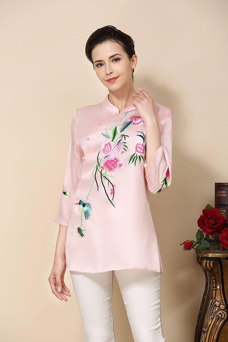 Pink satin Chinese blouse with flowers embroidery