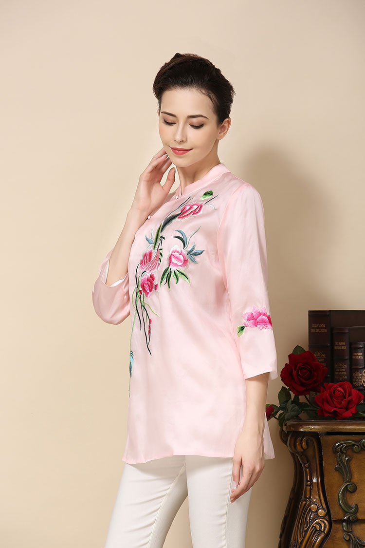 Pink satin Chinese blouse with flowers embroidery