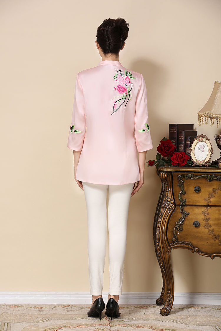 Pink satin Chinese blouse with flowers embroidery