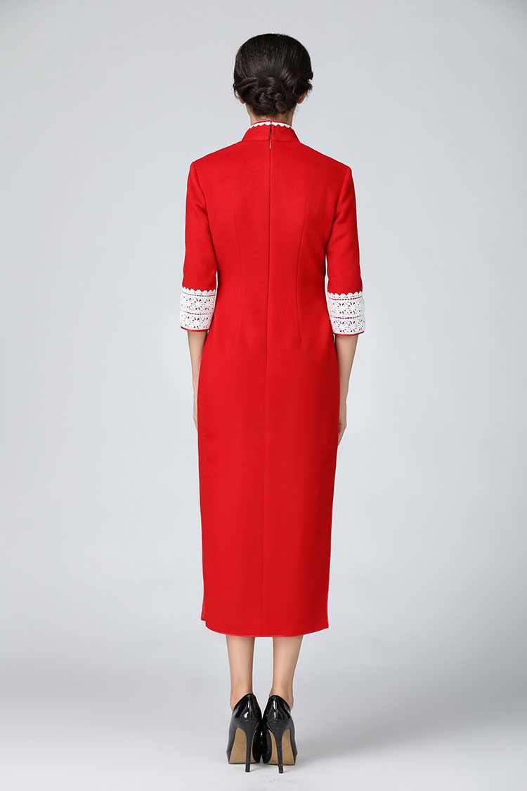 Red wool improve cheongsam with white lace piping