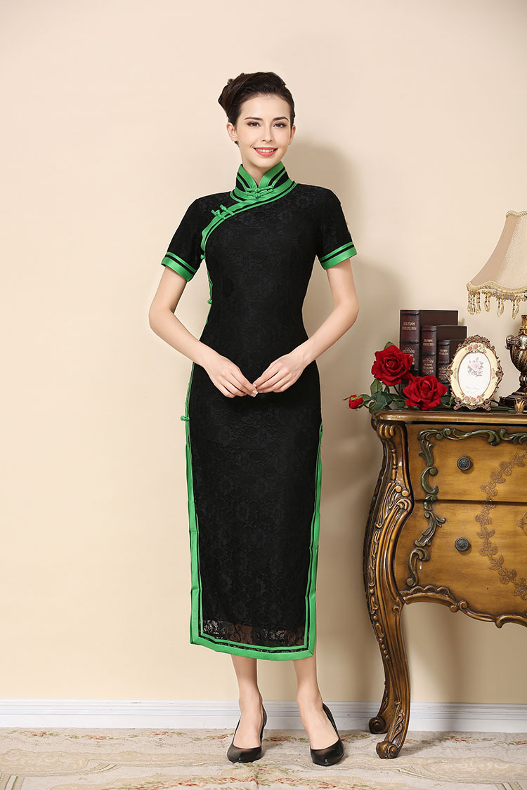 Black lace cheongsam dress with green piping
