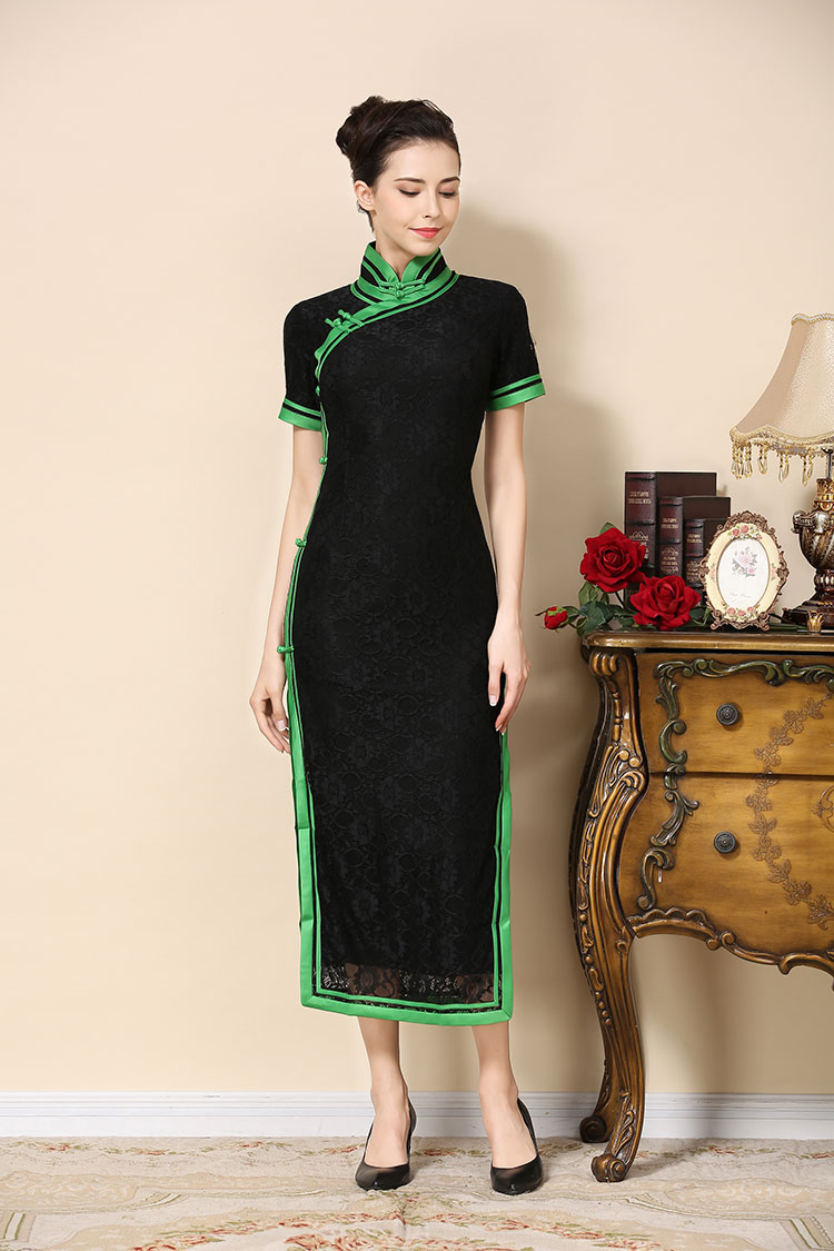 Black lace cheongsam dress with green piping