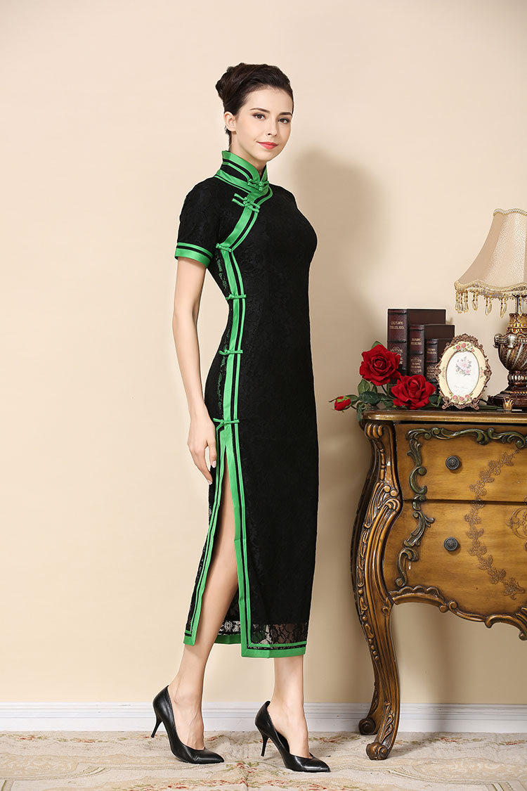 Black lace cheongsam dress with green piping