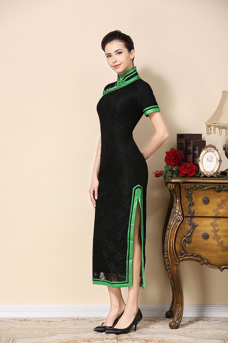 Black lace cheongsam dress with green piping