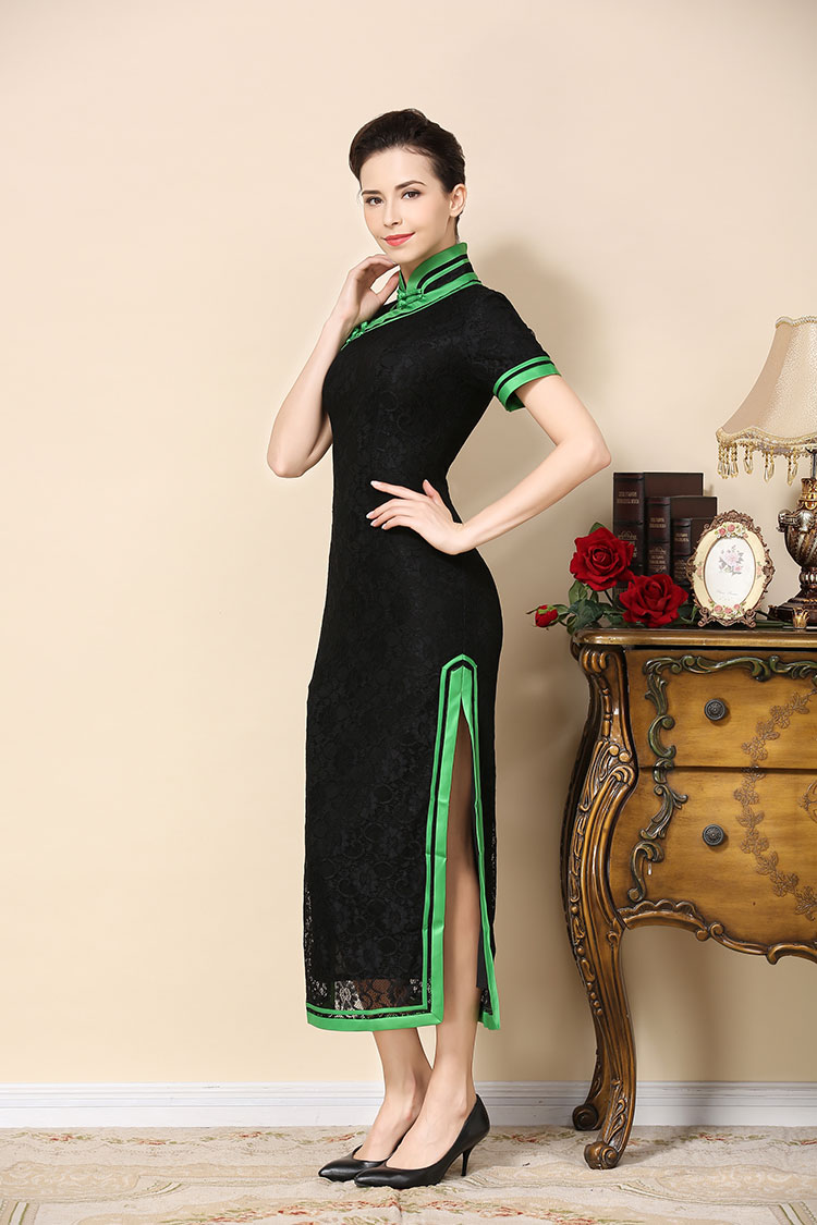 Black lace cheongsam dress with green piping