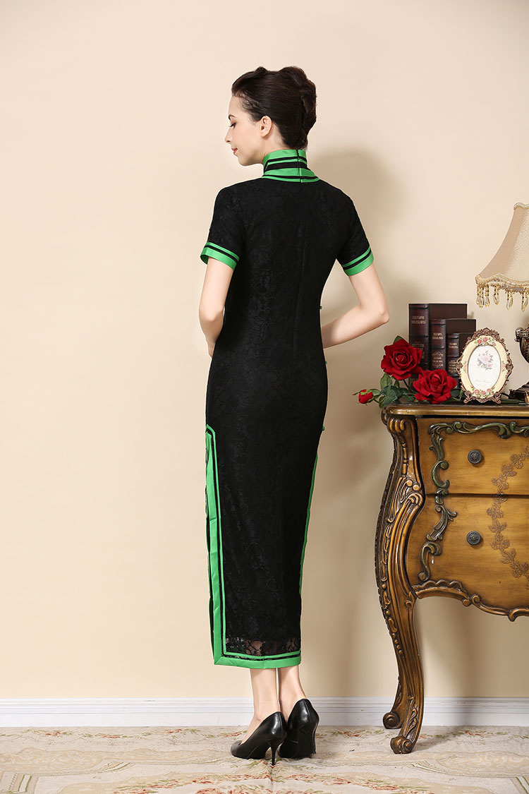Black lace cheongsam dress with green piping