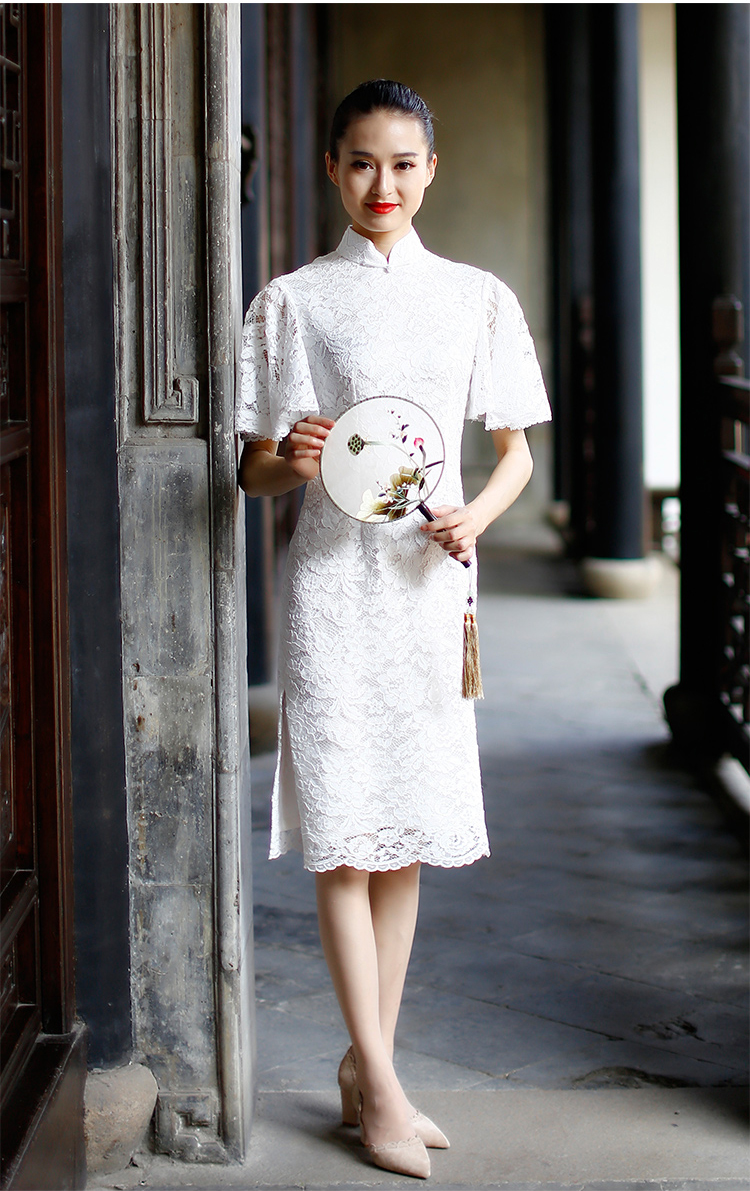 Petal sleeves white lace cheongsam dress