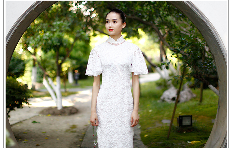 Petal sleeves white lace cheongsam dress