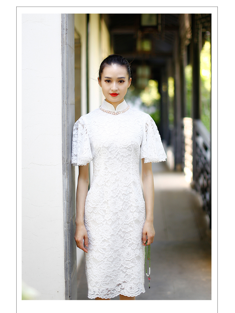 Petal sleeves white lace cheongsam dress