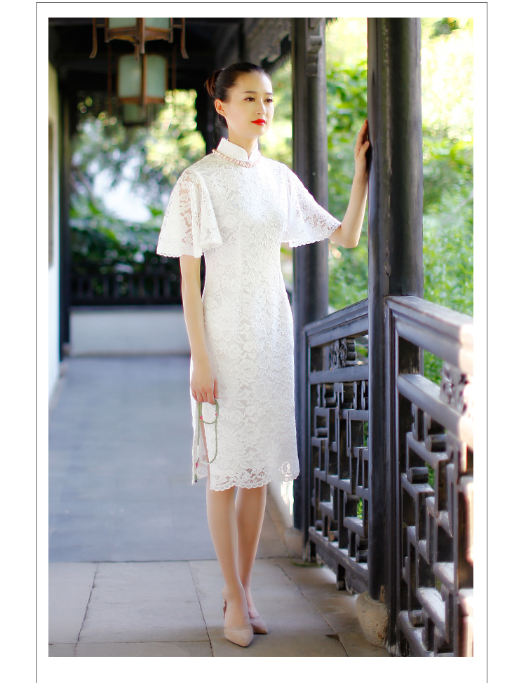 Petal sleeves white lace cheongsam dress