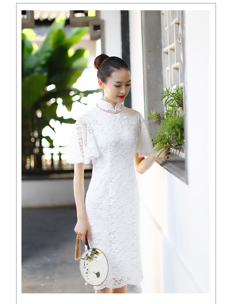 Petal sleeves white lace cheongsam dress