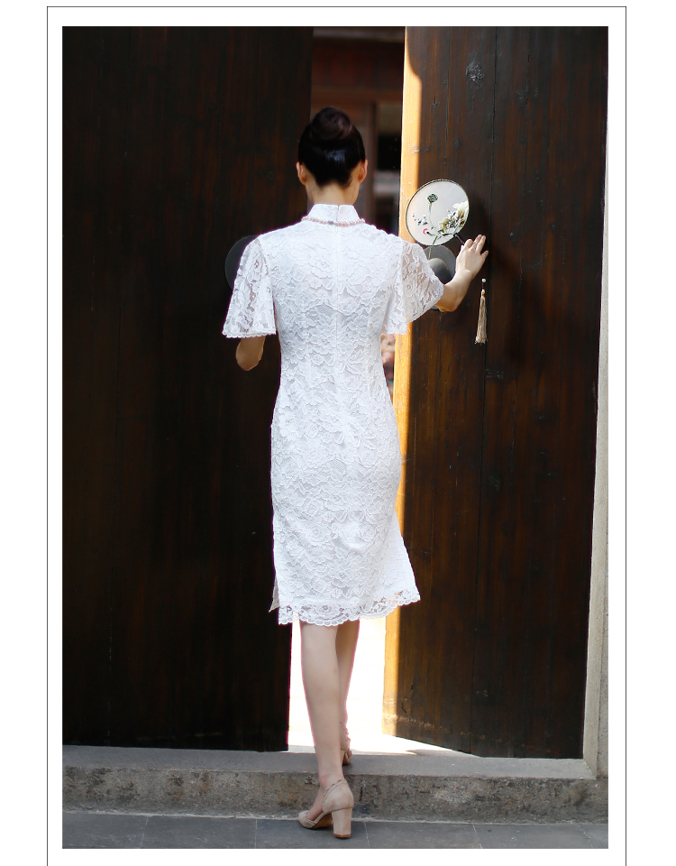Petal sleeves white lace cheongsam dress