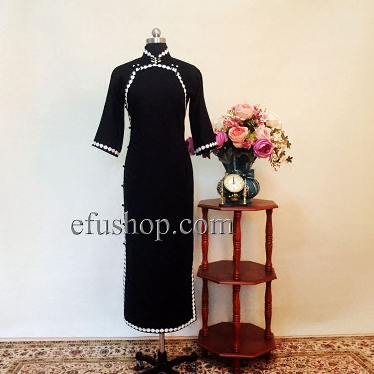 Black qipao dress with white trim