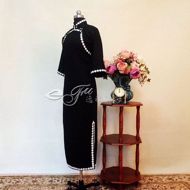 Black qipao dress with white trim