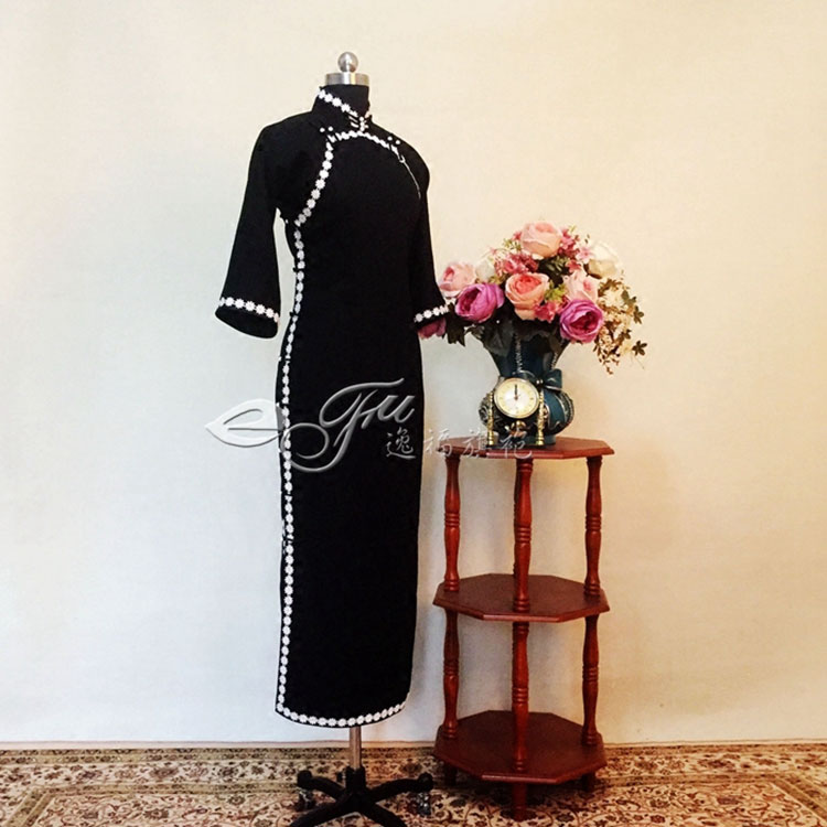 Black qipao dress with white trim