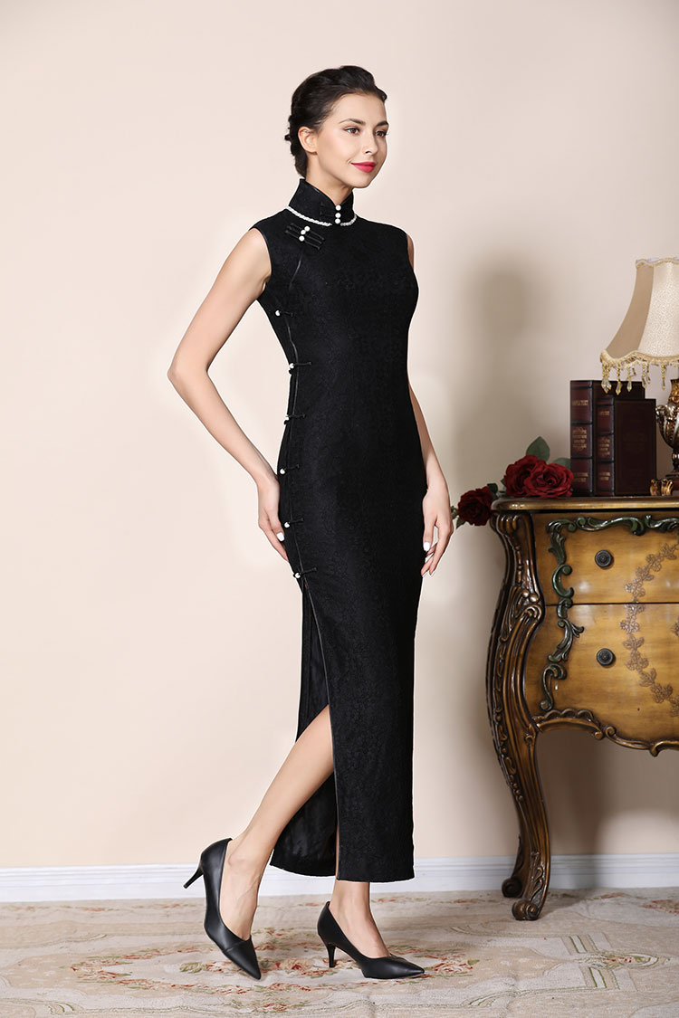 black lace long cheongsam dress