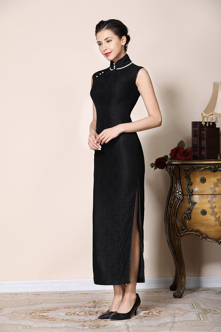 black lace long cheongsam dress