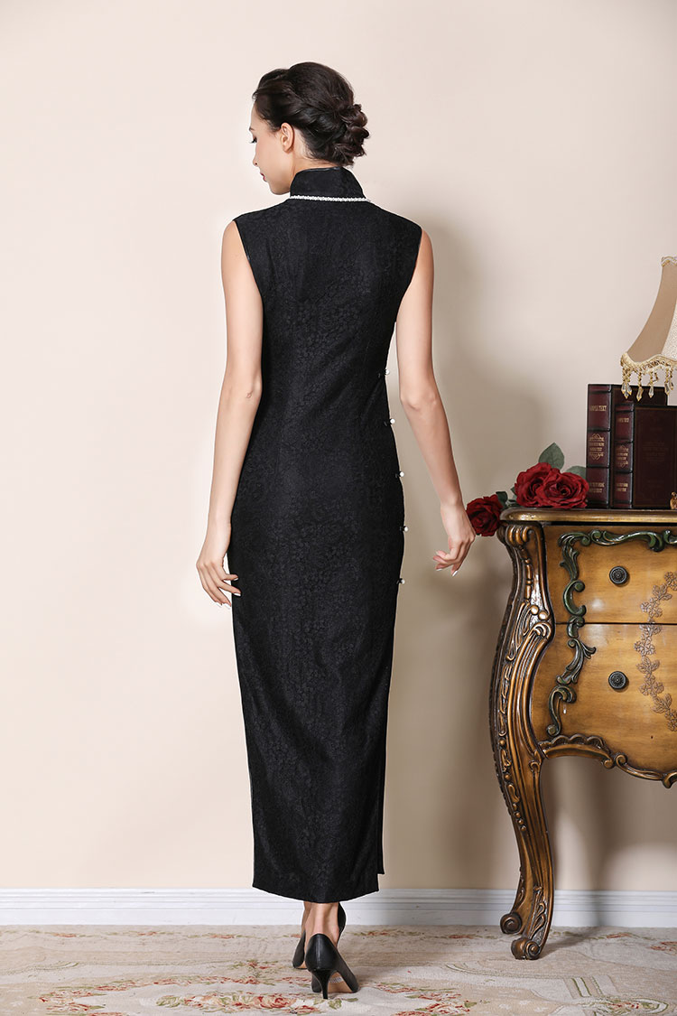 black lace long cheongsam dress