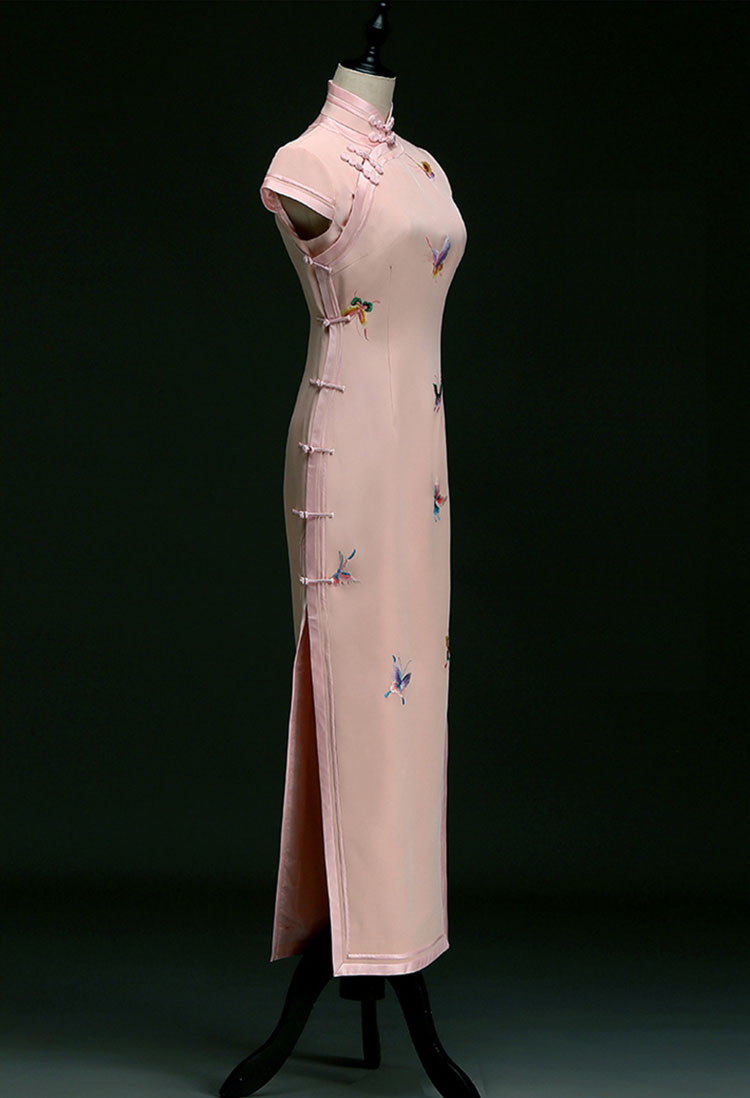 Pink traditional qipao dress with butterflies embroidery