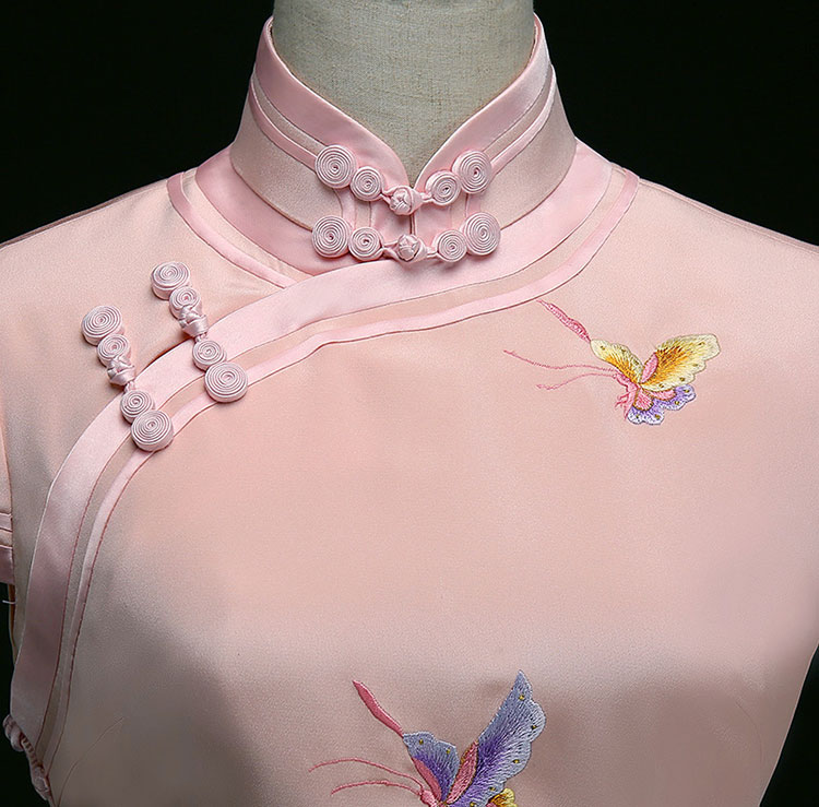 Pink traditional qipao dress with butterflies embroidery