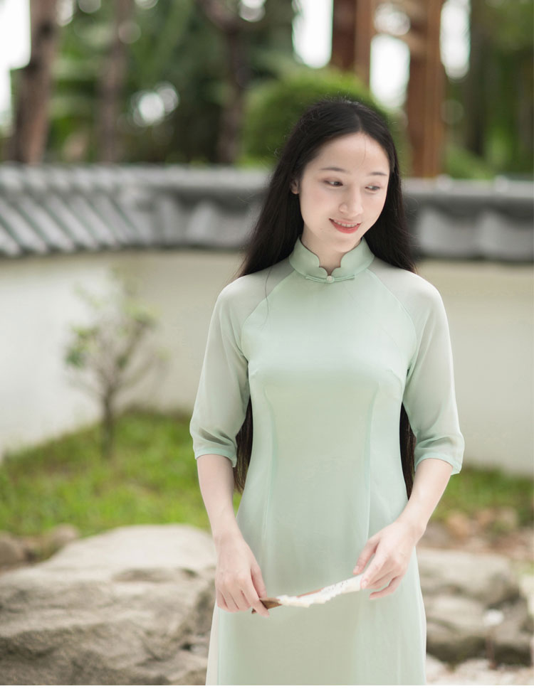 Baby-green long chinese tea dress