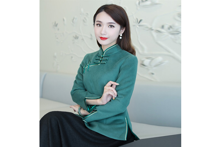 Green wool chinese top & black skirt