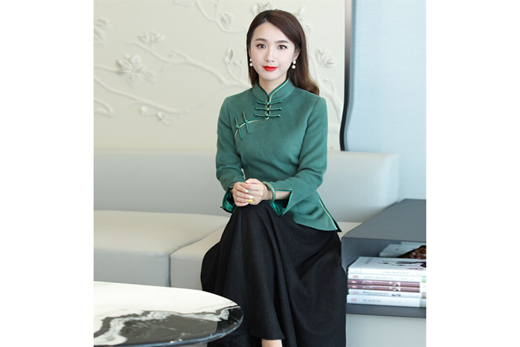 Green wool chinese top & black skirt