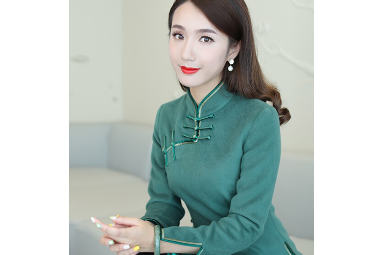 Green wool chinese top & black skirt