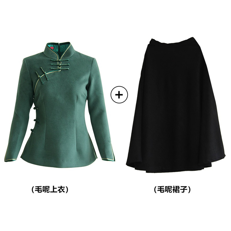 Green wool chinese top & black skirt
