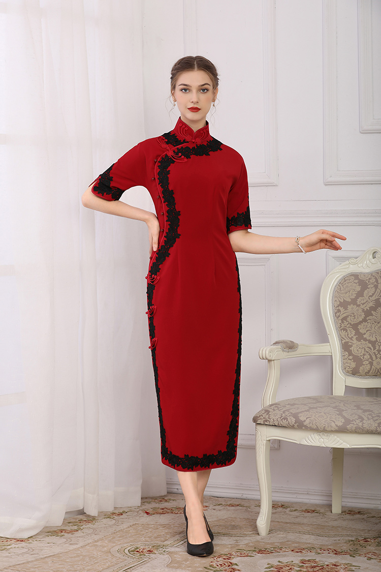 Wine red cheongsam with wide black piping