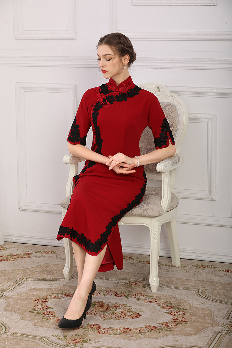 Wine red cheongsam with wide black piping