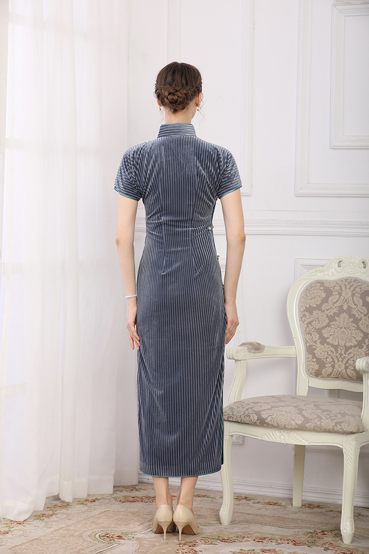 Velvet long cheongsam with white piping