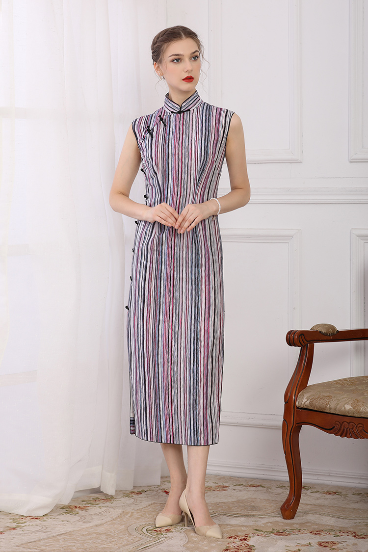 Purple stripe long cheongsam dress