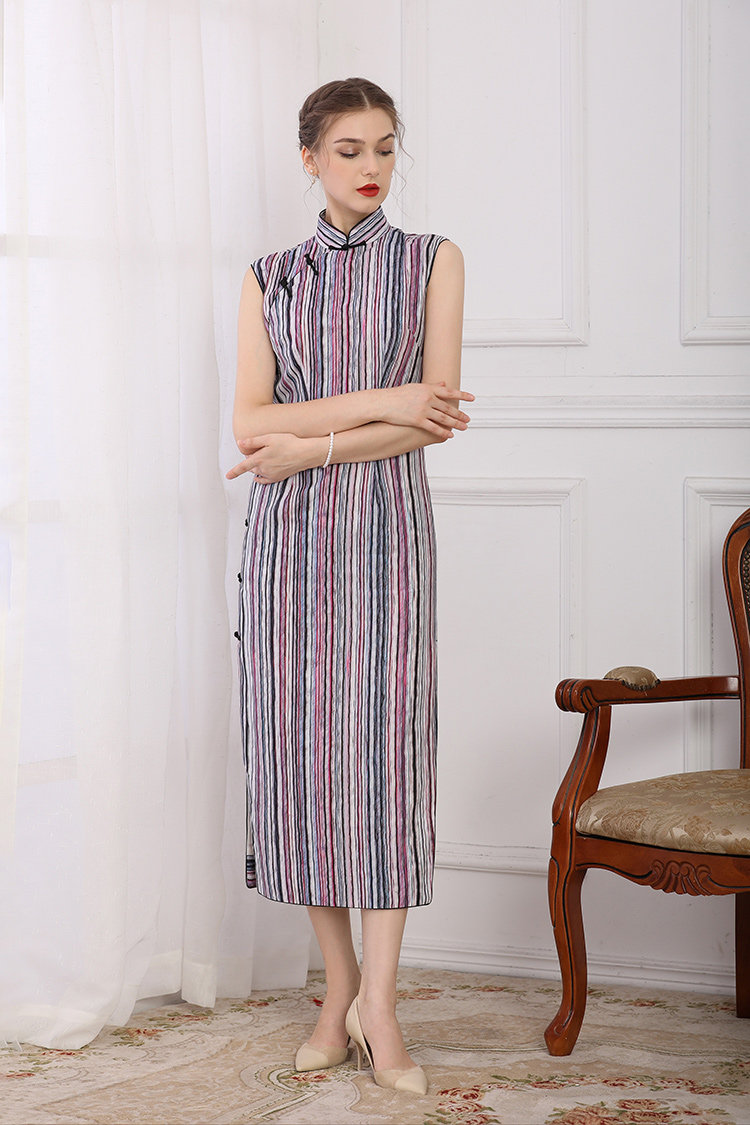 Purple stripe long cheongsam dress Purple stripe long cheongsam dress