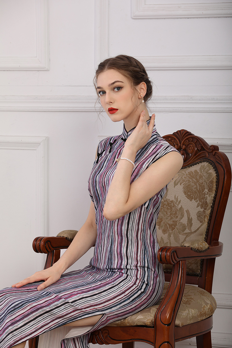 Purple stripe long cheongsam dress