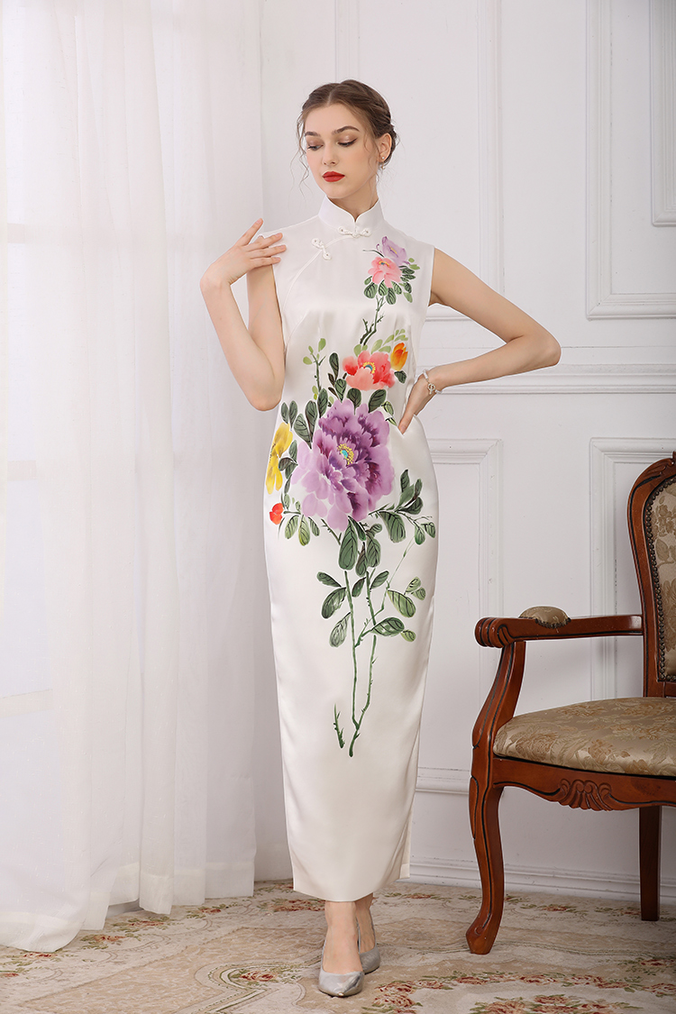 Handpainted peonies silk cheongsam dress 