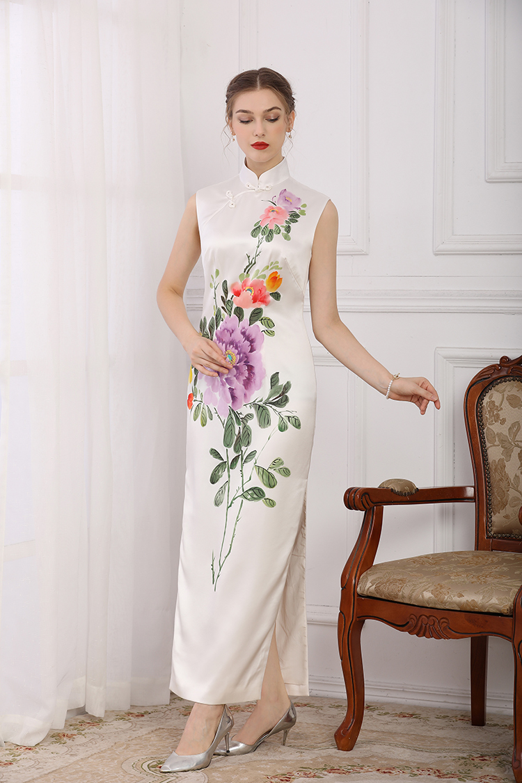 Handpainted peonies silk cheongsam dress 