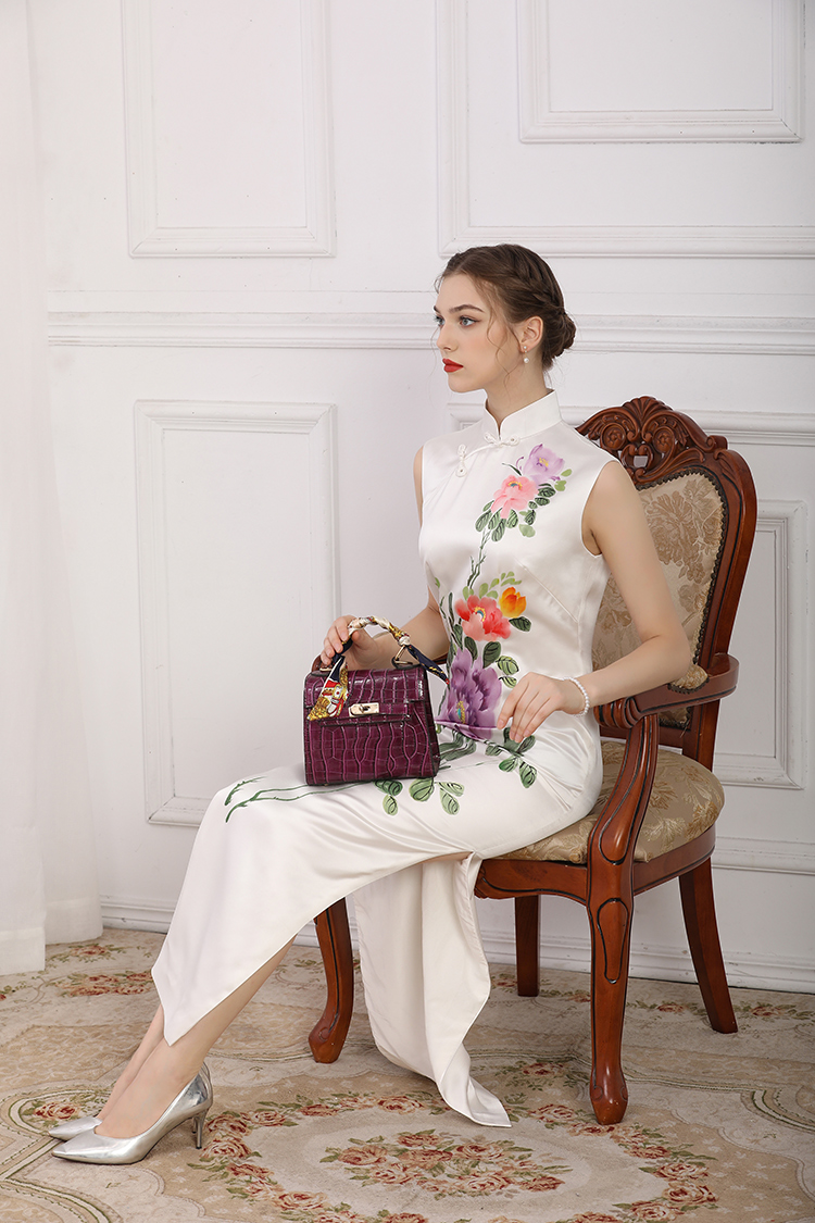 Handpainted peonies silk cheongsam dress Handpainted peonies silk cheongsam dress