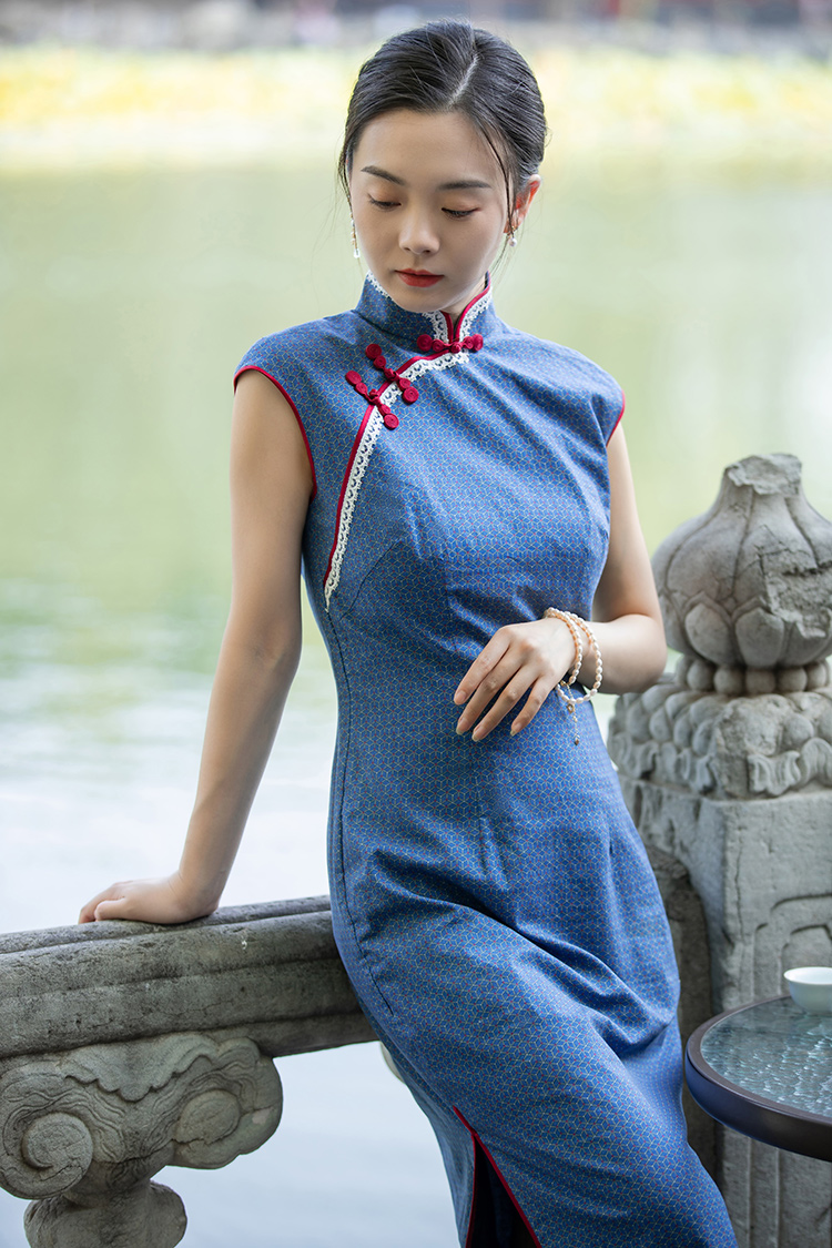 2023 tea Party Blue Cotton Qipao 2023 tea Party Blue Cotton Qipao