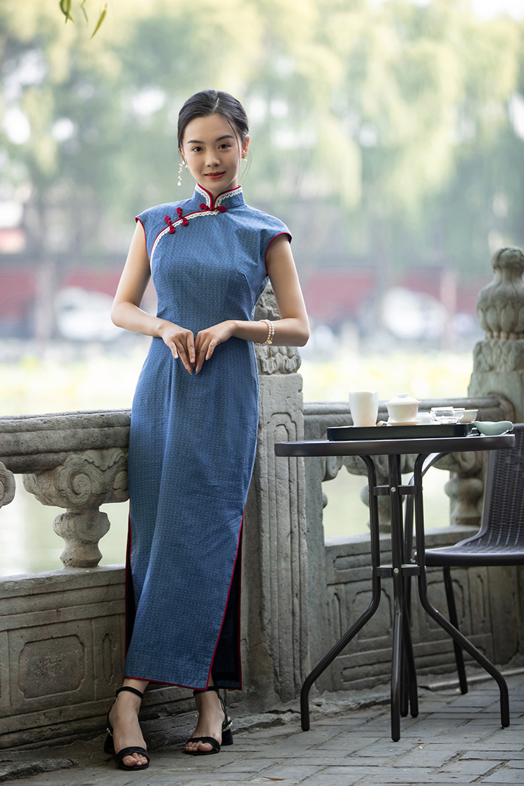 2023 tea Party Blue Cotton Qipao 2023 tea Party Blue Cotton Qipao