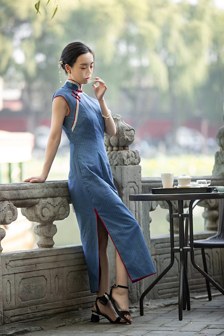 2023 tea Party Blue Cotton Qipao 2023 tea Party Blue Cotton Qipao