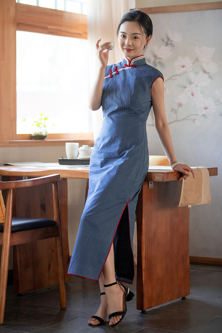 2023 tea Party Blue Cotton Qipao 2023 tea Party Blue Cotton Qipao