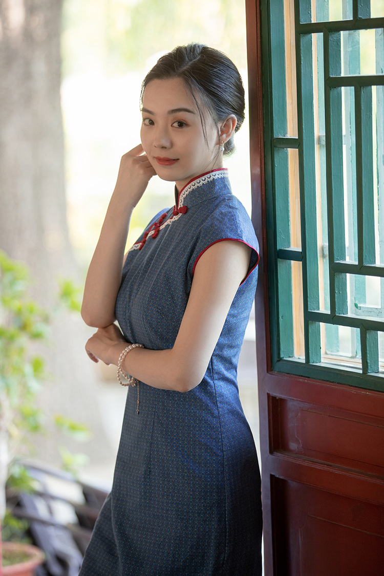 2023 tea Party Blue Cotton Qipao 2023 tea Party Blue Cotton Qipao