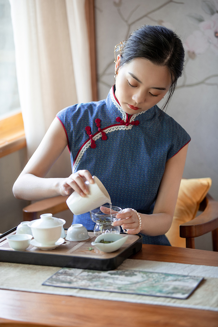2023 tea Party Blue Cotton Qipao 2023 tea Party Blue Cotton Qipao