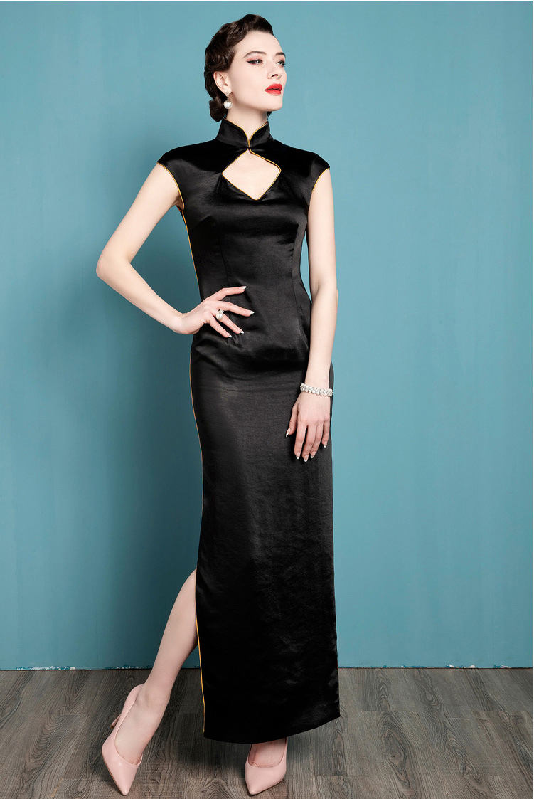 Black cheongsam dress with square neckline