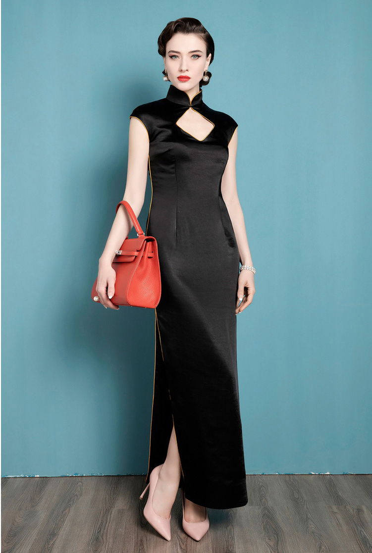 Black cheongsam dress with square neckline