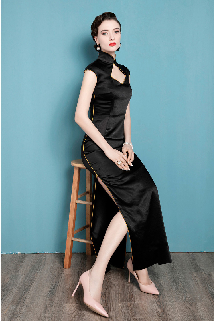 Black cheongsam dress with square neckline