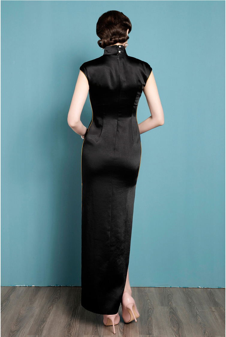 Black cheongsam dress with square neckline