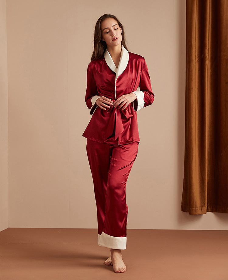 wine red women's sleepwear top with pants